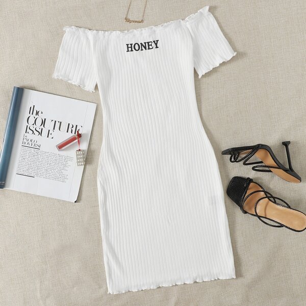 

Off Shoulder Lettuce Trim Letter Graphic Dress, White