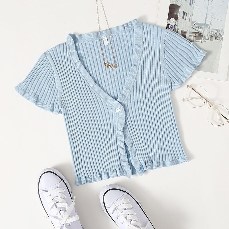 

Frill Trim Crop Cardigan, Pastel baby blue
