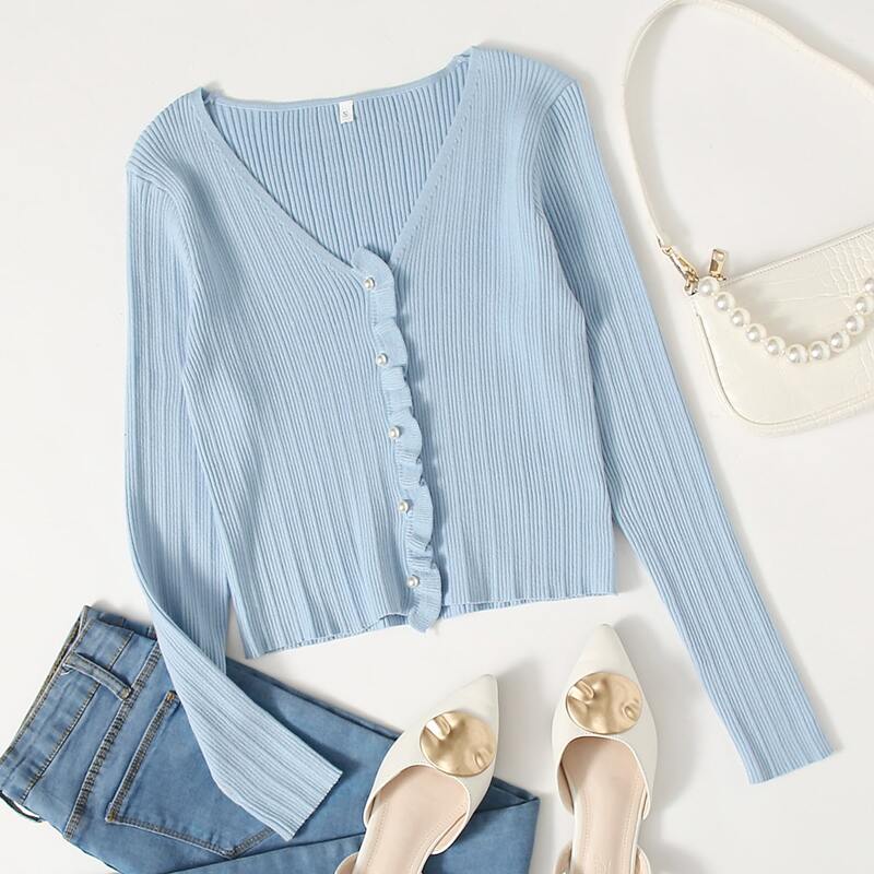 

Frill Trim Button Front Rib-knit Cardigan, Baby blue