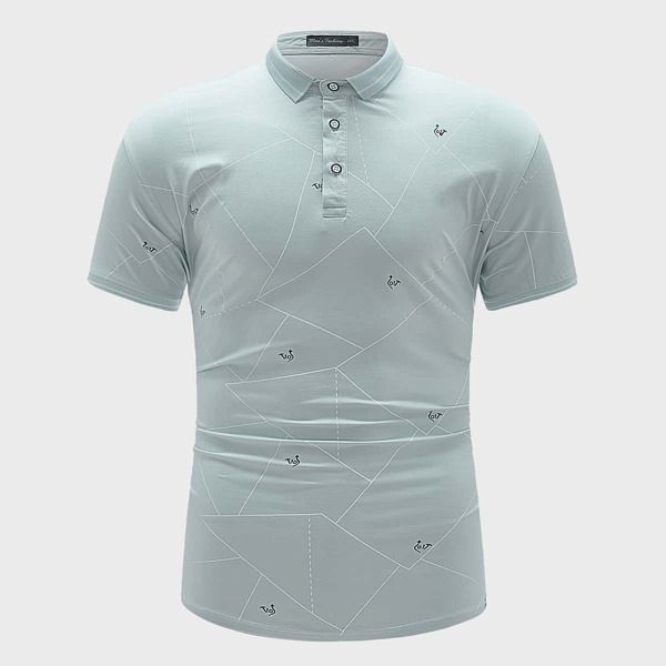 

Men Letter And Geo Print Polo Shirt, Baby blue