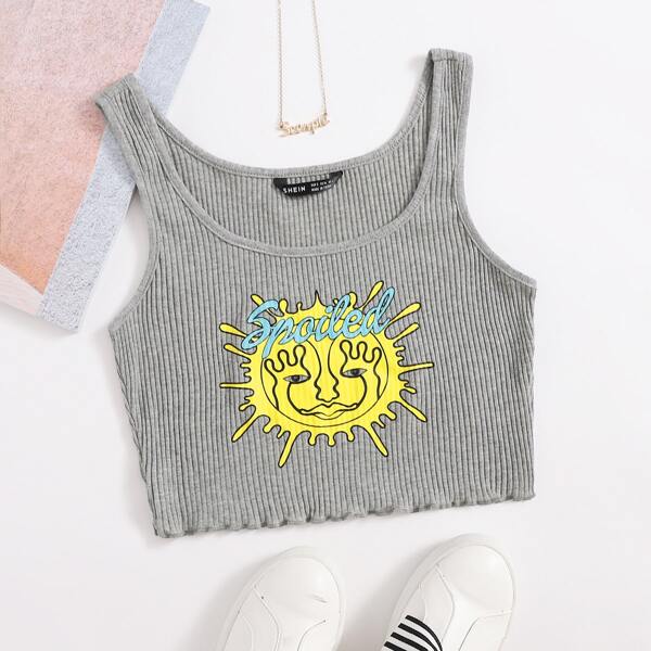 

Lettuce Trim Rib-knit Letter and Graphic Print Tank Top, Grey