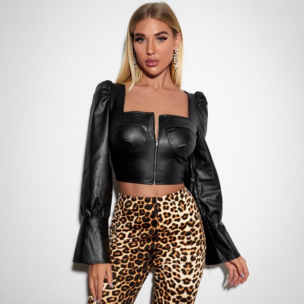 

Tie Back Zip Up Leather Look Top, Black