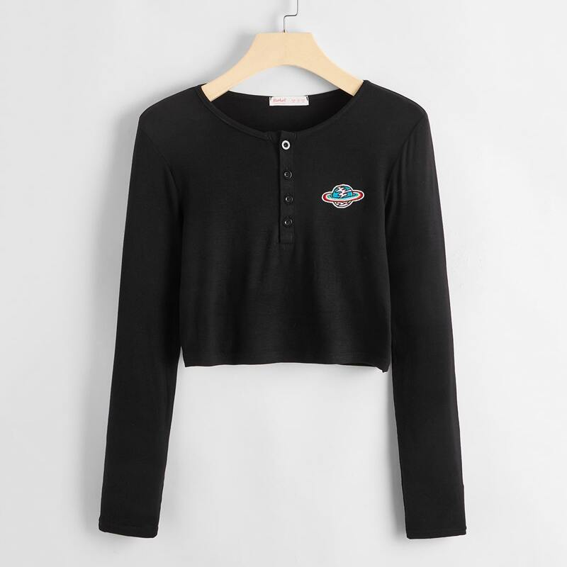 

Planet Embroidery Henley Tee, Black