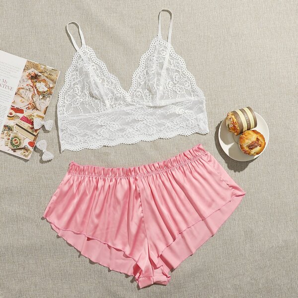 

Plus Floral Lace Bralette With Satin Shorts, Multicolor