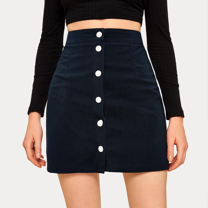 

Button Front Corduroy Skirt, Navy blue