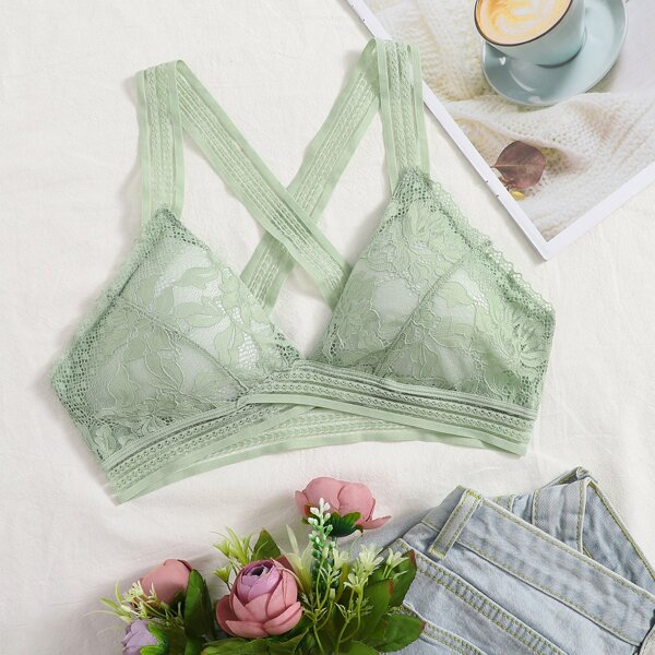 

Floral Lace Crisscross Bralette, Green pastel