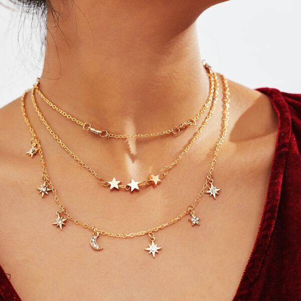 

3pcs Star Charm Necklace, Gold
