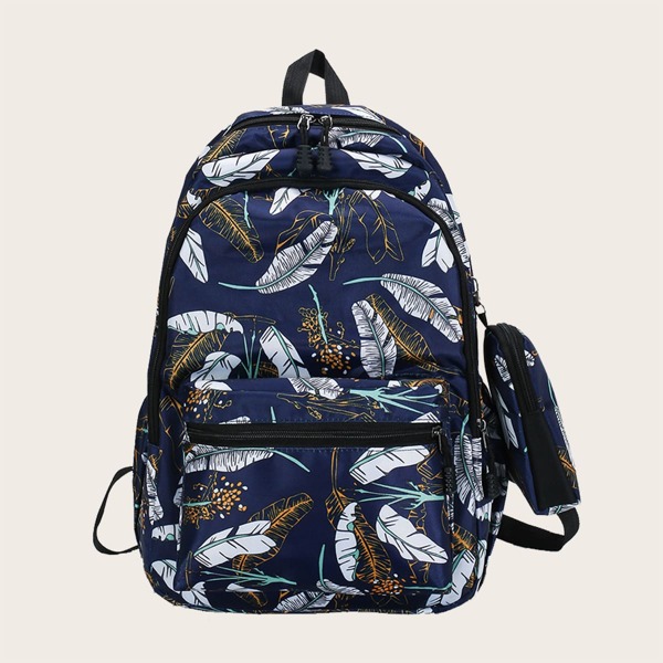 

Kids Leaf Pattern Backpack With Purse, Navy blue
