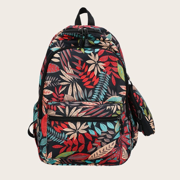 

Kids Leaf Pattern Backpack With Purse, Black