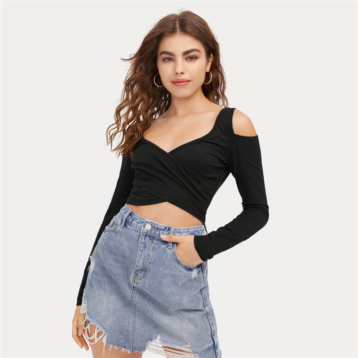 

Cold Shoulder Wrap Front Tee, Black