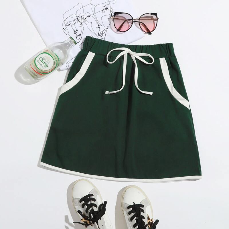 

Contrast Binding Drawstring Skirt, Dark green