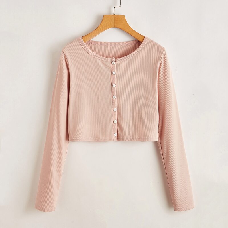 

Solid Button Front Tee, Baby pink