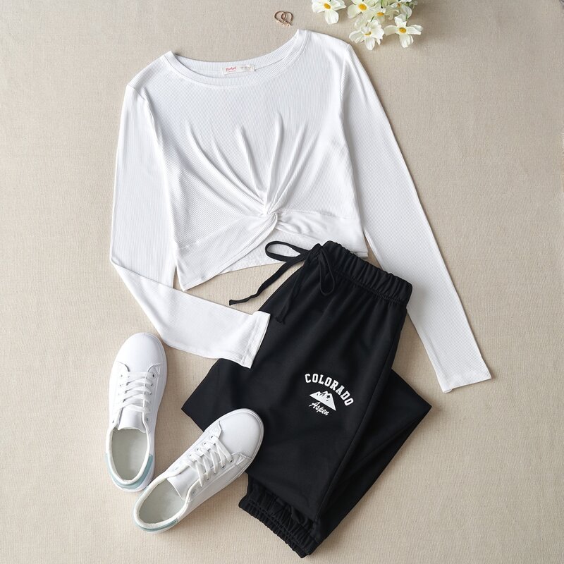 

Twist Front Tee & Letter Graphic Joggers, Black and white