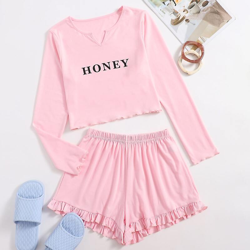 

Letter Graphic Frill Trim PJ Set, Baby pink