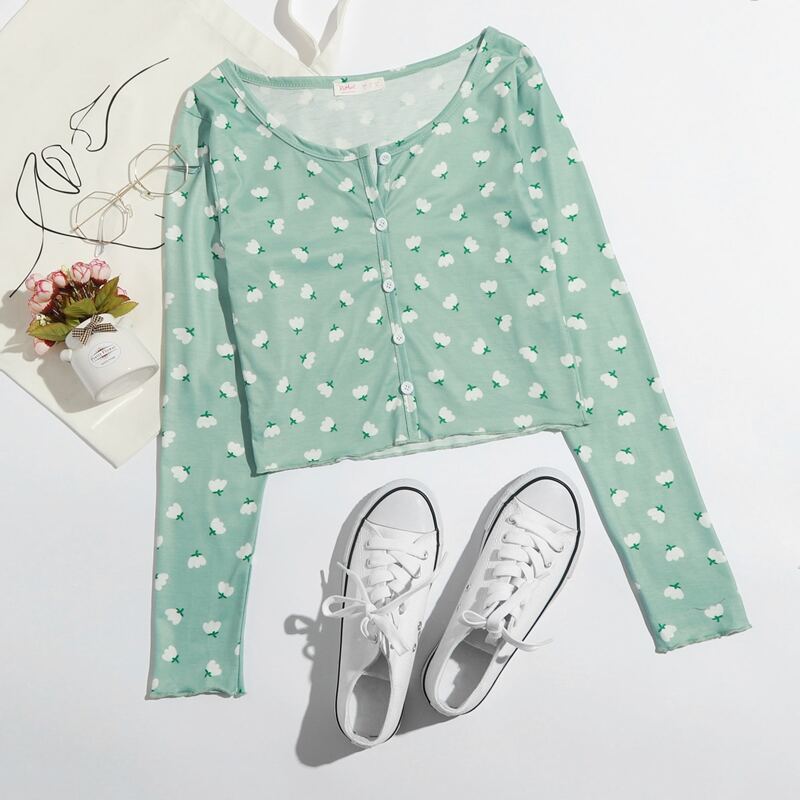 

Floral Button Front Crop Tee, Mint green