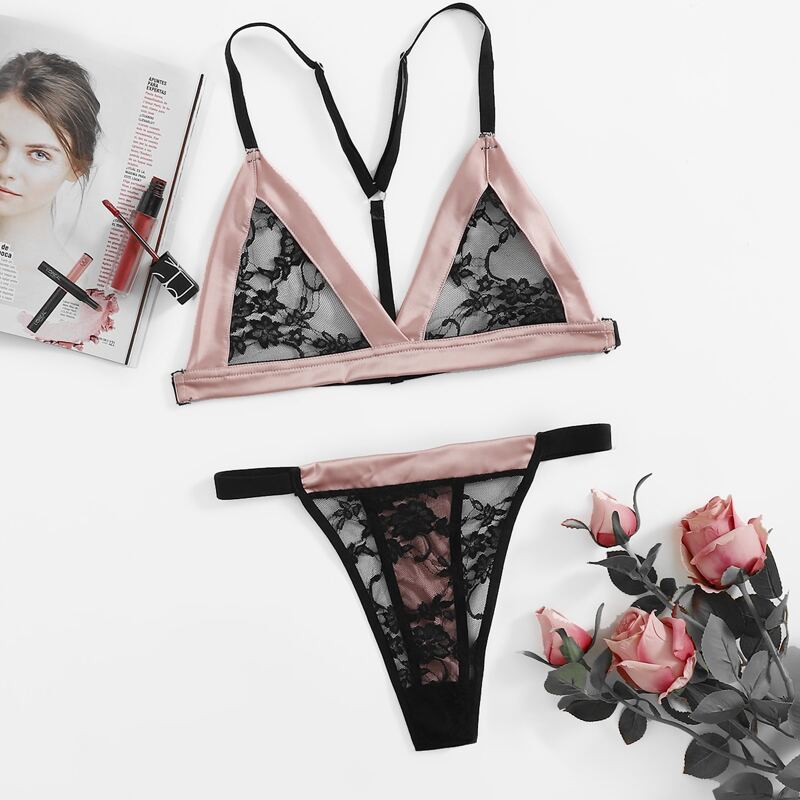 

Floral Lace Satin Lingerie Set, Black