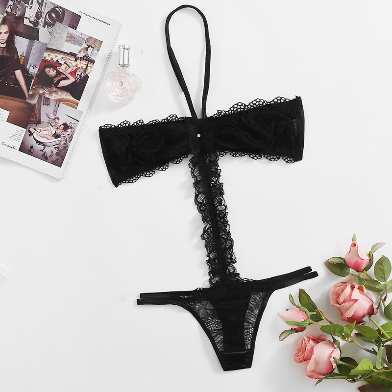 

Floral Lace Halter Teddy Bodysuit, Black