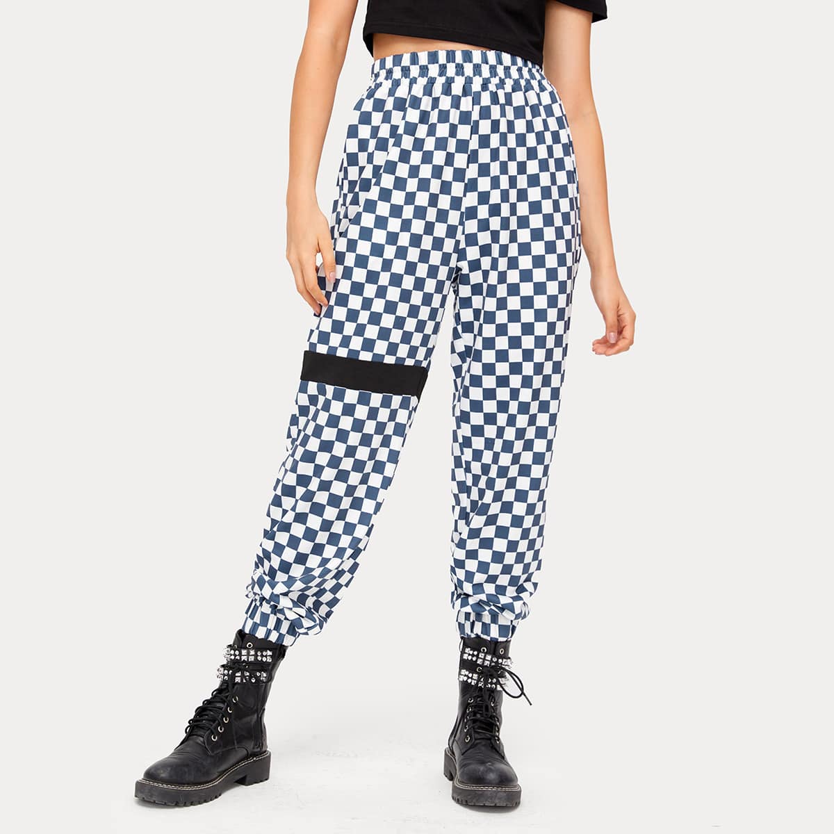 

High Waist Checkerboard Joggers, Blue and white