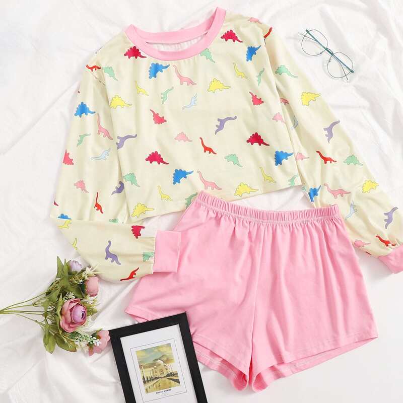 

Cartoon Dinosaur Print PJ Set, Multicolor