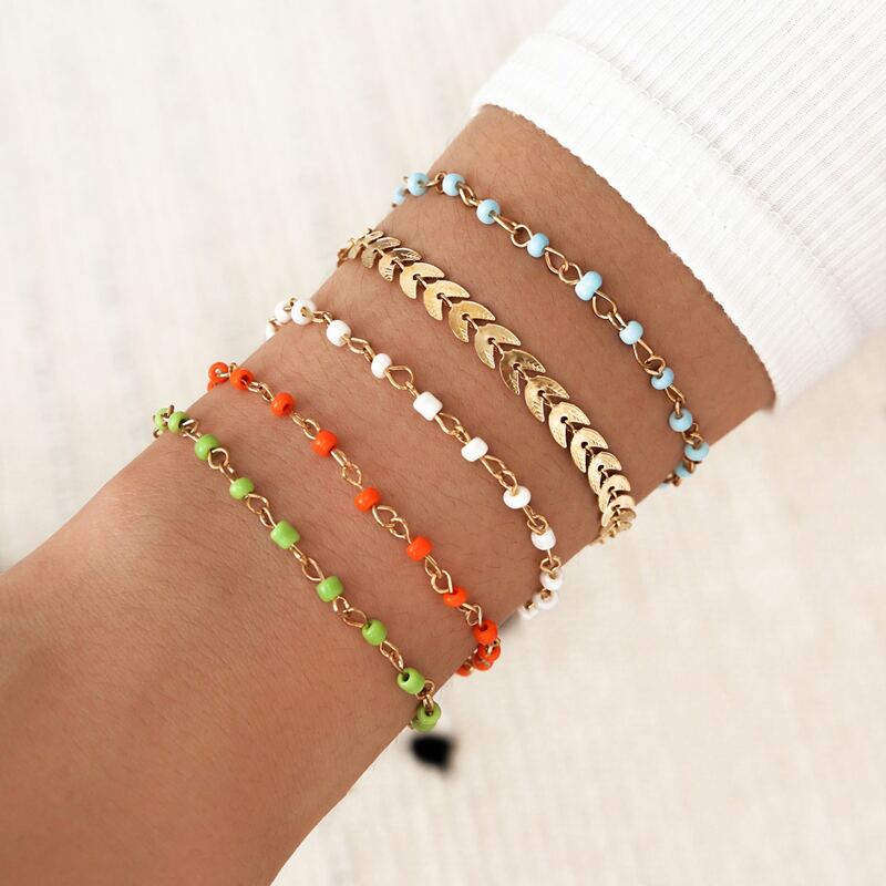 

5pcs Bead & Leaf Decor Bracelet, Multicolor