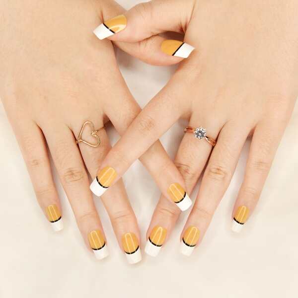 

24pcs Colorblock False Nail & 1pc Nail File & 1sheet Tape, Yellow