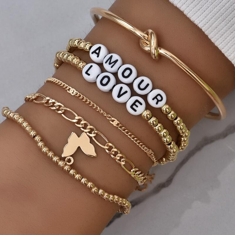 

6pcs Letter & Butterfly Decor Bracelet, Gold