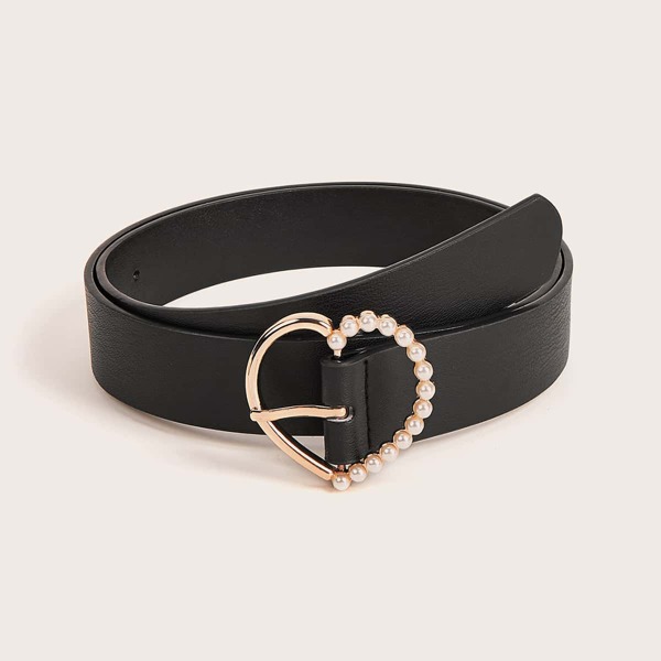 

Faux Pearl Heart Buckle Belt, Black