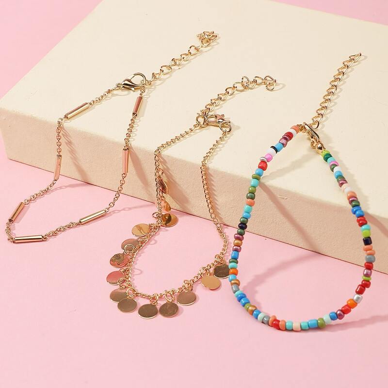 

3pcs Disc Decor Beaded Anklet, Multicolor