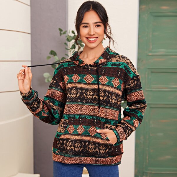 

Geo Print Kangaroo Pocket Drawstring Hoodie, Multicolor