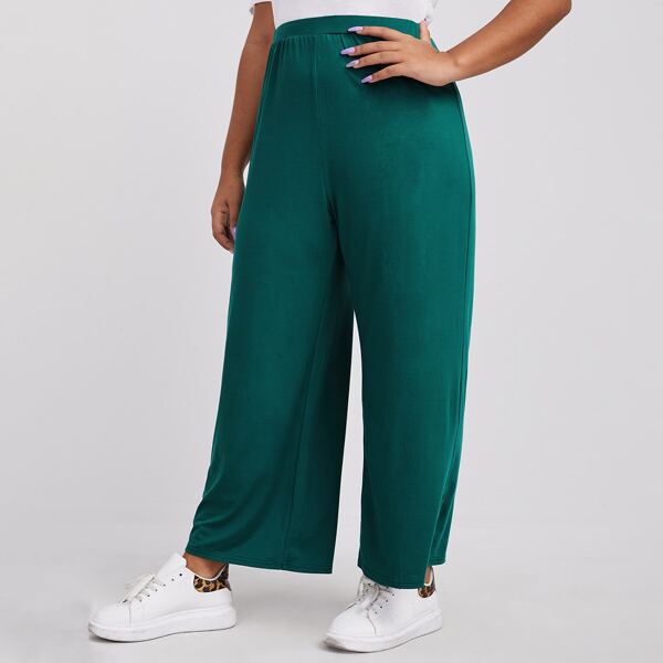 

Plus Solid High Waist Wide Leg Pants, Green