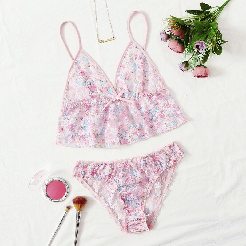 

Floral Lace Ruffle Hem Lingerie Set, Baby pink