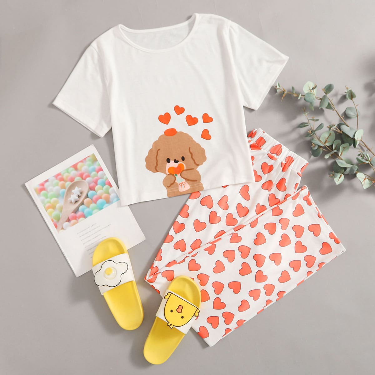 

Cartoon Bear & Heart Pattern PJ Set, Multicolor