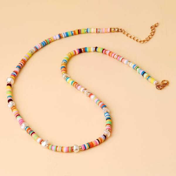 

Colorful Beaded Pearl Decor Necklace, Multicolor