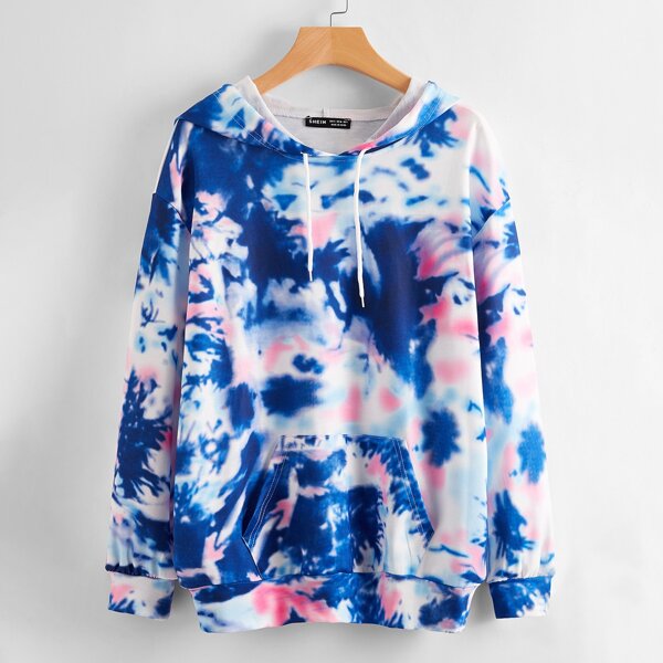 

Kangaroo Pocket Drop Shoulder Drawstring Tie Dye Hoodie, Multicolor