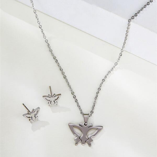 

1pc Butterfly Charm Necklace & 1pair Stud Earrings, Silver
