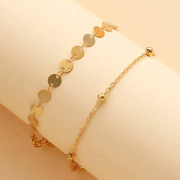 

2pcs Girls Disc Decor Anklet, Gold