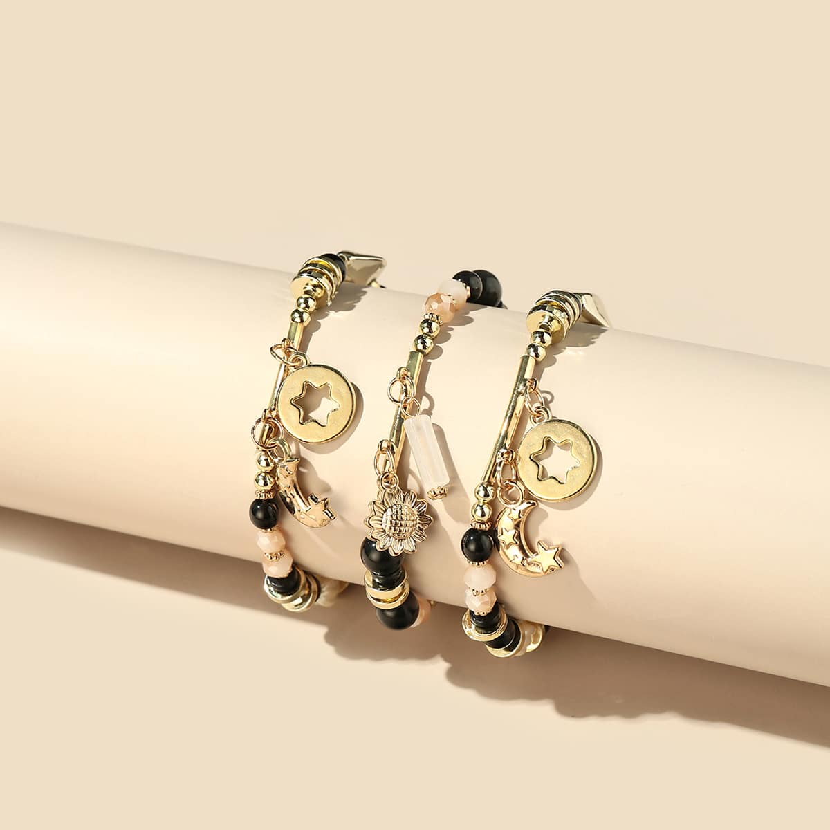 

3pcs Hollow Out Beaded Bracelet, Multicolor