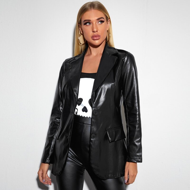 

Button Front PU Leather Longline Blazer, Black