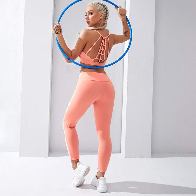 

Strappy Back Sports Bra & Color-block Leggings Set, Coral pink