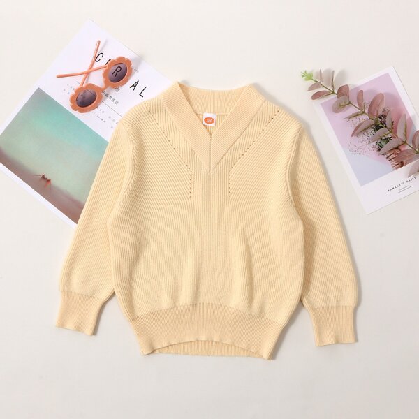 

Toddler Girls Pointelle Knit V-neck Solid Sweater, Apricot