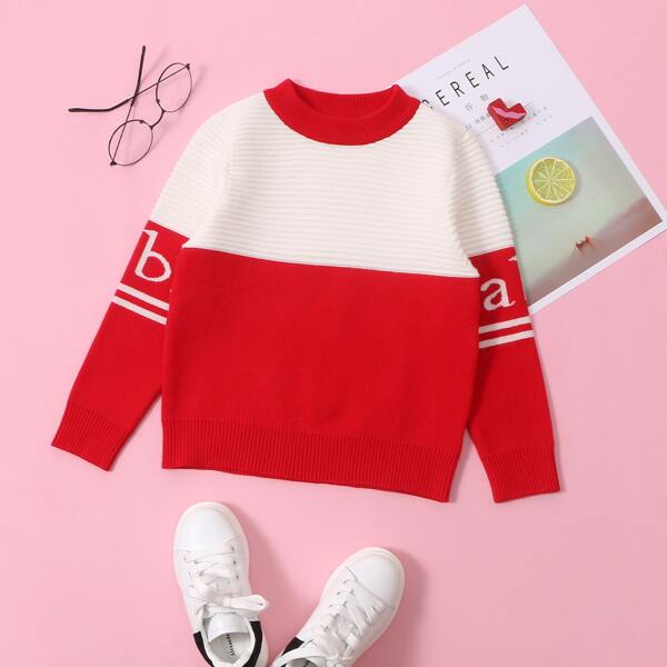 

Toddler Boys Colorblock Letter Graphic Sweater, Red and white