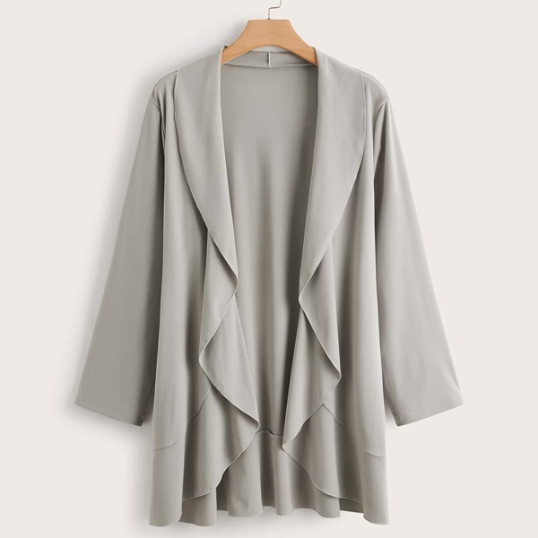 

Plus Solid Open Front Waterfall Collar Coat, Grey