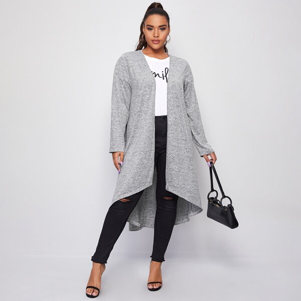 

Plus Solid Open Front High Low Hem Coat, Light grey