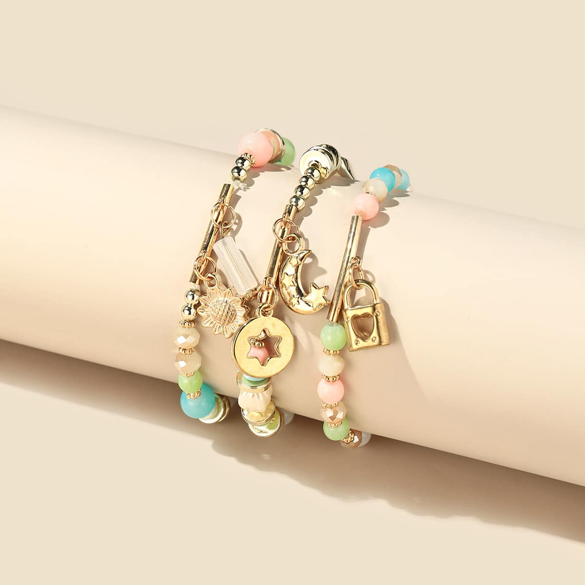 

3pcs Moon Charm Beaded Bracelet, Multicolor