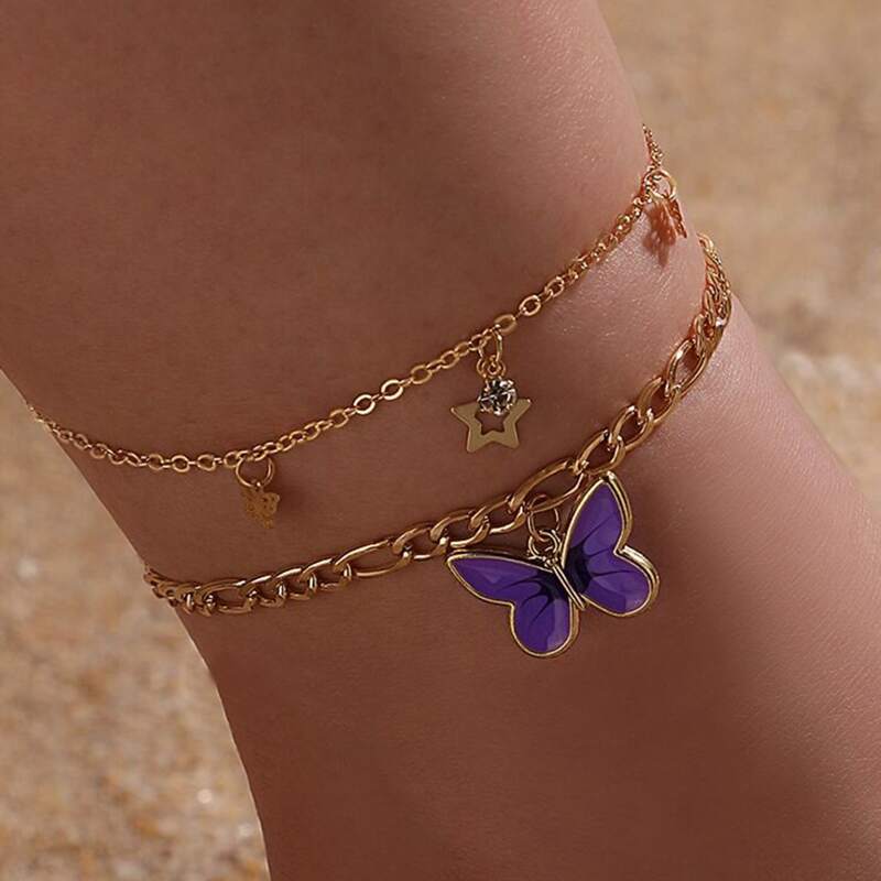 

2pcs Butterfly & Star Charm Chain Anklet, Gold