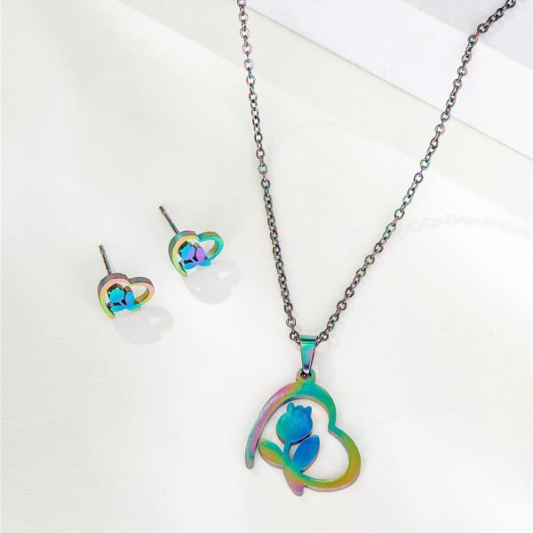 

1pc Flower & Heart Charm Necklace & 1pair Stud Earrings, Multicolor