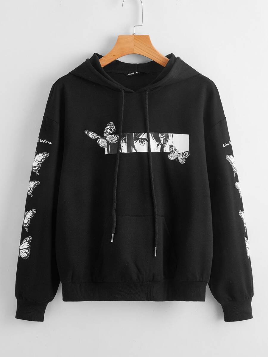 Muchica Butterfly and Figure Graphic Pouch Pocket Hoodie - Black - View 1