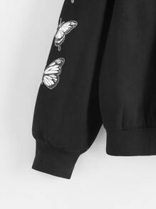 Muchica Butterfly and Figure Graphic Pouch Pocket Hoodie - Black - View 3