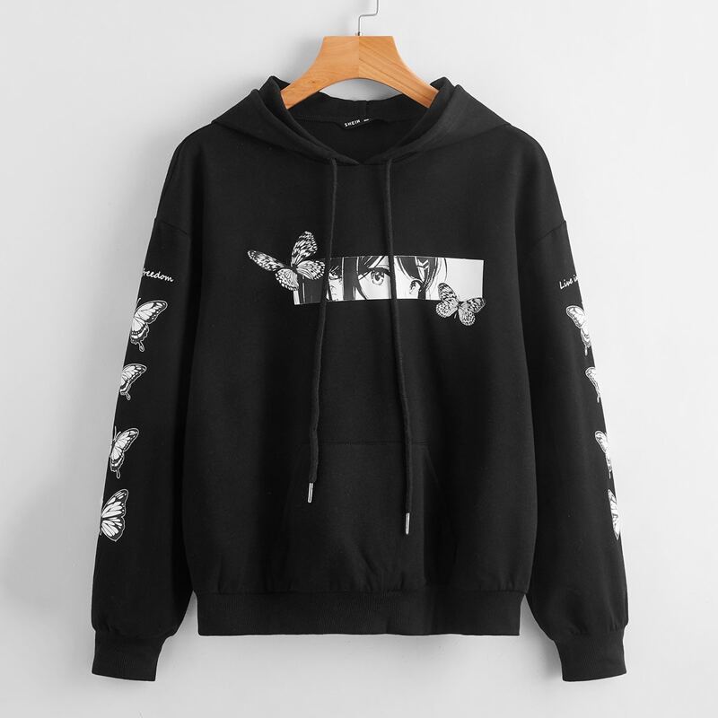 

Butterfly Graphic Kangaroo Pocket Hoodie, Black