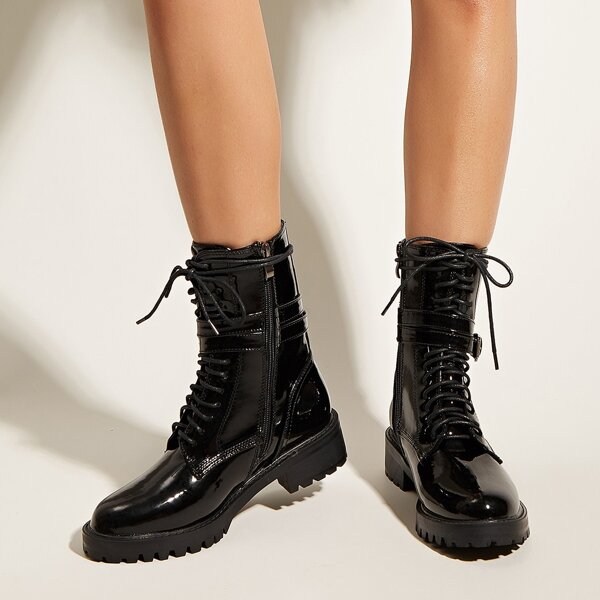

Lace-up Front Side Zipper Ankle Boots, Black